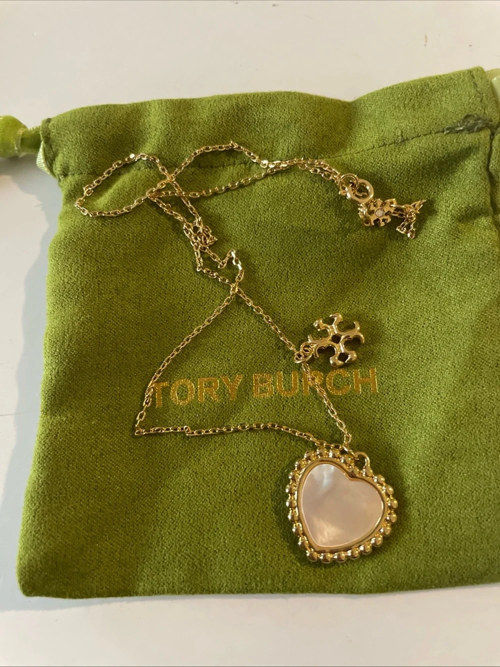 Tory Burch Gold Heart Pendant Necklace with Mother-of-Pearl Inlay